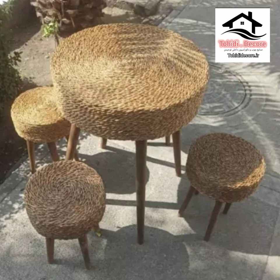 میز و صندلی حصیری 4 نفره میز قطر 60 cm