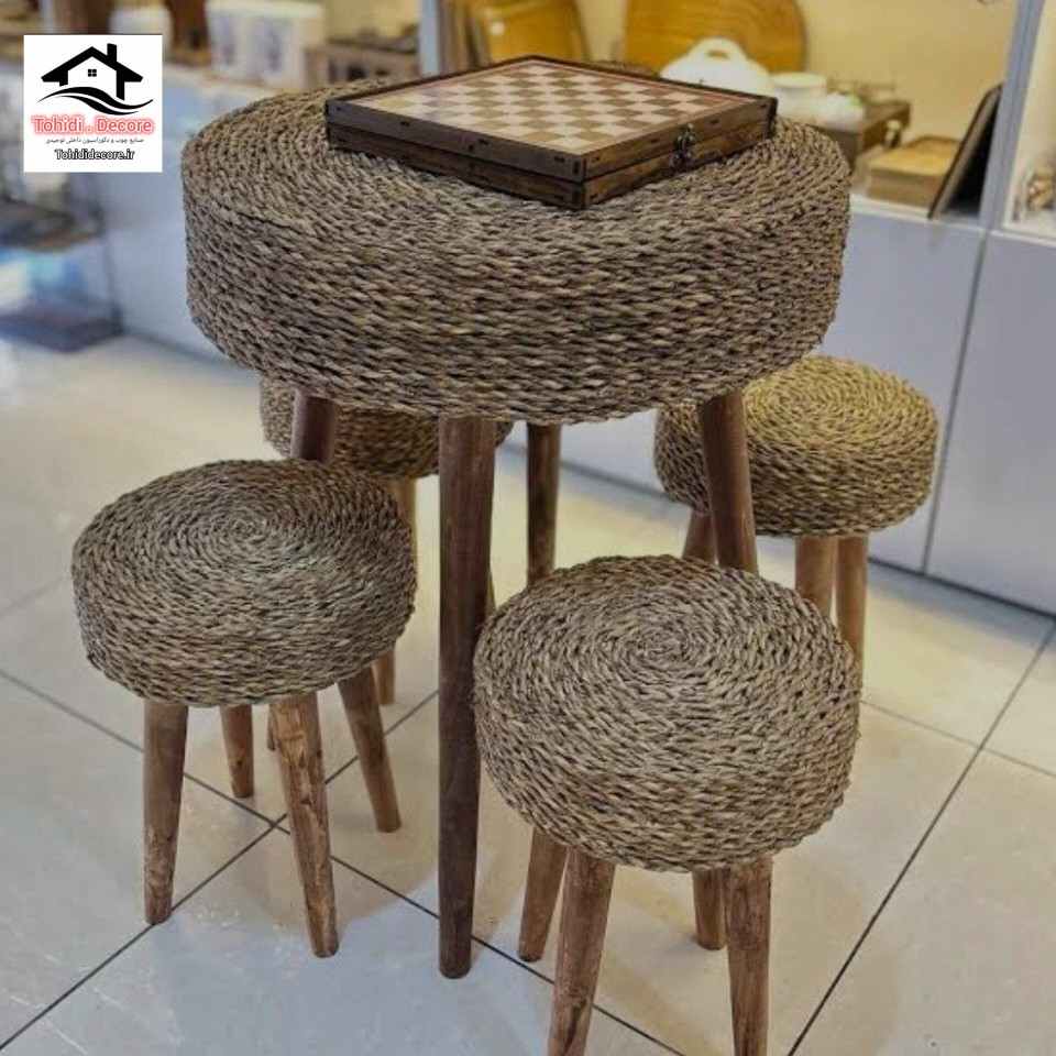میز و صندلی حصیری 4 نفره میز قطر 70 cm